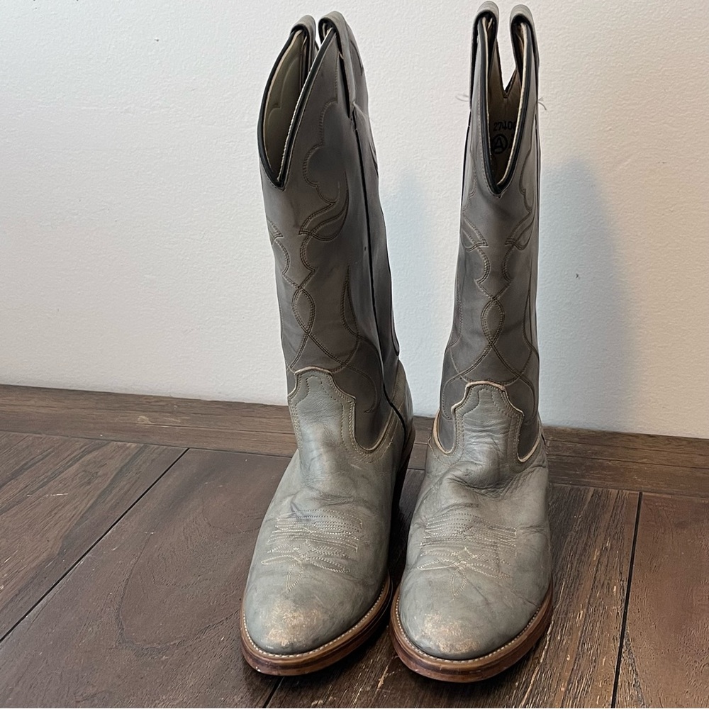 Vintage Acme Grey Leather Western Cowboy Boots Mens 9.5 D - Picture 6 of 12